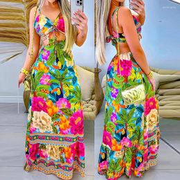 Casual Dresses Ladies Sexy V-neck Hollow High Waist Party Dress Elegant Summer Spaghetti Strap Beach Flower Print Slim Holiday Long