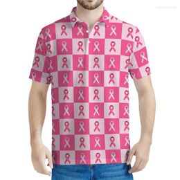 Men's Polos Breast Cancer Awareness Graphic Polo Shirt Women 3d Printed Pink Ribbon Tee Shirts Casual Button T-shirt Lapel Short Sleeves