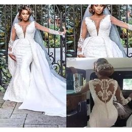 Dresses Mermaid Bridal Gown Wedding With Detachable Train Long Sleeves Lace Applique Custom Made Country Beach Tulle Plus Size Vestido De Novia