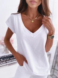 Women's T Shirts V-Neck Sexy T-shirts Short Sleeve Breathable Simple White Tops T-shirt Solid Colour Pullover Top