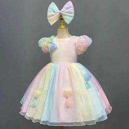 Girl's Dresses Shiny Toddler Little Girls Puff Sleeves Tutu Dress Birthday Party Graduation Ceremony Dress with Bowknot