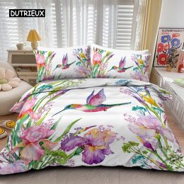 sets Tropical Birds Duvet Cover Watercolor Hummingbird Flowers Twin Bedclothes Exotic Wildlife White Abstract Polyester Qulit Cover