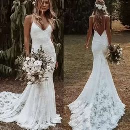 Wedding Full Dresses Mermaid Lace Bridal Gown Spaghetti Straps Sexy Bakess Sweep Train Satin Custom Made Plus Size Beach Boho