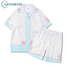 Hip Hop Men 2 Piece Set Vintage Print Button Hawaiian Shirt and Shorts Suit Summer Fashion Casual Short Sleeve Outfit 240424