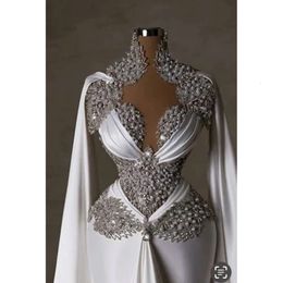 Designer Mermaid Wedding Dresses 2024 Bridal Gown Crystals Beaded Pearls Sweep Train Satin Cape High Neck Custom Made Plus Size Vestido De Novia