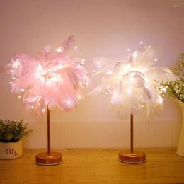 Table Lamps Remote Control Feather Lamp DIY Creative Warm Light Tree Lampshade Wedding Home Bedroom Adornment