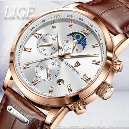 Wristwatches Relogio Masculino LIGE Business Mens Watches Leather Waterproof Sport Quartz Chronograph Military Watch Men Clock