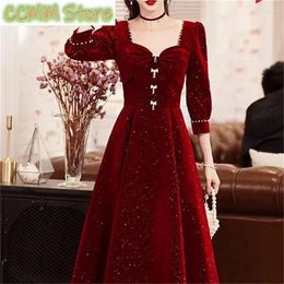 Casual Dresses Oversize Winter Toast Engagement Bride Dress Women Skirt Fat Belly Covering Christmas Red Square Neck Female