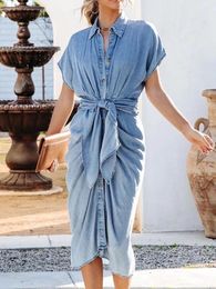 Casual Dresses Women Button Down Ruched Shirt Short Sleeve Lapel V Neck Elegant Party Spring Summer Maxi Denim Dress