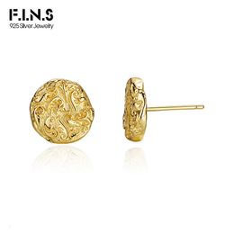 F.I.N.S Fashion Real 925 Sterling Silver Tang Cao Pattern Stud Earrings Relief Round Flat Ear Piercing Fine Jewellery Anti-Allergy 240428