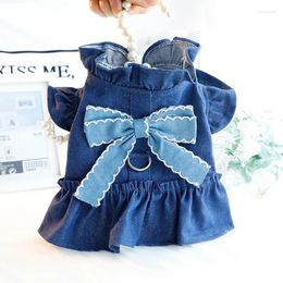 Dog Apparel Denim Dress Clothes Stand Collar Flutter Sleeve Small Dogs Clothing Cat Traction Buckle Fashion Autumn Girl Cute Pet Product