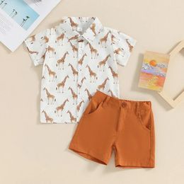 Clothing Sets Toddler Boy Gentleman Outfit Giraffe Print Short Sleeves Button Shirt And Shorts Set For Formal Wear