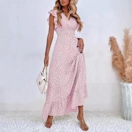 Party Dresses Summer Ruffles Short Sleeve Boho Maxi Dress Women V Neck Polka Dot Print Floral Ladies Bohemian Long For