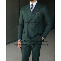 Men's Suits Green Stripe Male Prom Blazers 2 Pieces Sets Peaked Lapel Groom Wedding Tuxedos For Men Slim Fit Double Breasted Terno Masculino