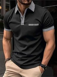 Men's Polos Summer Bussiness Casual Men Polo Shirts Plaid 3D Lapel Button Short Slve Fashion Tops T Shirt Oversized Mens Clothing T240505