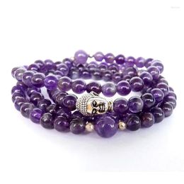 Link Bracelets Tibetan Buddha Yoga 108 Mala Bracelet For Women Men Beads Prayer Gem 6 MM Natural Amethyst Real Stone