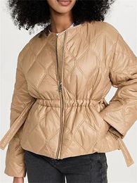 Women's Jackets Women Waist Drawstring Parkars Jacket Argyle Quilted Round Neck Zipper Fall Winter 2024 Female Solid Colour Coat Outerwear