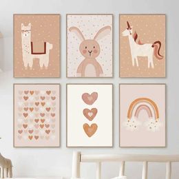 s Bohemian Cartoon Alpaca Rabbit Rainbow Love Wall Art Canvas Painting Nordic Posters And Prints Wall Pictures For Kids Room Decor J240505