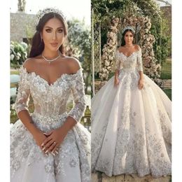 Bridal Gown Ball Dresses Wedding Long Sleeves 3D Floral Lace Applique Crystals Beaded Tulle Off The Shoulder Neckline Custom Made Plus Size Vestidos De