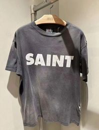 Oversized ss Washed Black SAINT MICHAEL Letter Print T Shirt Men Women 1 High Quality Heavy Fabric Tee Short Sleeve Tops 240419