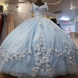 Синие короткие платья легкие рукава Quinceanera с 3D -цветочными кристаллами из бисера