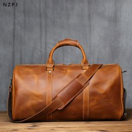 Bags NZPJ Vintage Genuine Leather Men's Travel Bag Original Natural Cowhide Handbag Crazy Horse Leather Crossbody Bag Computer Bag