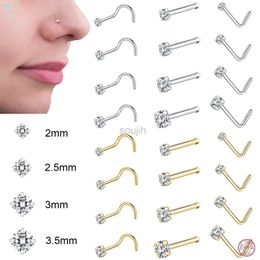 Body Arts ZS 1PC 18/20G 925 Sterling Silver Nose Stud Gold Colour Crystal Nose Piercings Screw L-Shape Retainer Nostril Piercing 2-3.5mm d240503