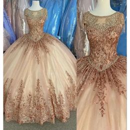 Dresses With Gold Champagne Quinceanera Sequins Applique Scoop Neck Tassle Beaded Floor Length Tulle Corset Back Sweet 16 Party Prom Ball Evening Vestidos