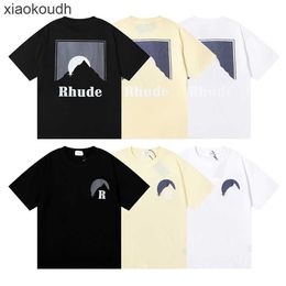 Rhude High end designer clothes for Niche fashion Moonlight black moon print loose casual versatile short sleeved Tshirt for men and women of all ages With 1:1 original
