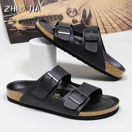 Slippers Mens New Black Fashion Cowhide Slippers Couple Style Summer Leisure Sports Sandals Comfortable Breathable Versatile Shoes Large 240506