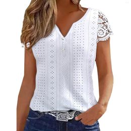 Women's T Shirts Solid Eyelet Button Front V Neck T-Shirt Elegant Short Sleeve For Summer Clothing Top Women Fashion Blouse 2024