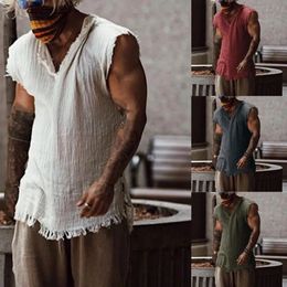 Men Vest Solid Color Casual Leisure Individual Old Style Loose Type Ripped Edge V Neck Sleeveless Men Tank Top Daily Clothes 240425