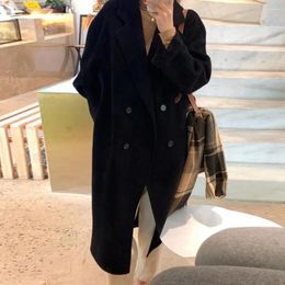 Women's Jackets Women Winter Woollen Coat Thickened Double-breasted Long Style Solid Sleeve Loose Lapel Notch Collar Pockets Trench