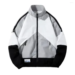 Men's Jackets Stand Collar Coat Colorblock Patchwork Jacket With Zipper Closure Stylish Loose Fit Winter Elastic