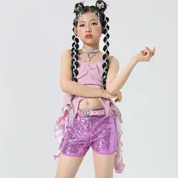Stage Wear 2024 Girls Dancewear Purple Sequins Catwalk Show Clothing Hip Hop Dancing Outfit Kpop Jazz Dance Performance Costume XH139