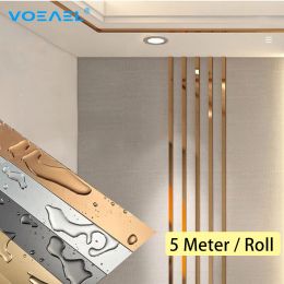 Stickers 5/10M Stainless Steel Flat Decorative Lines Wall Sticker Silver Titanium Gold Background Wall Ceiling Edge Strip Selfadhesive