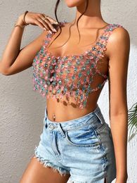 Women's Tanks Glitter Crystal Beaded MulticolorTransparent Acrylic Sling Tube Body Chain Sexy Tops Festival Rave Nightclub Carisole