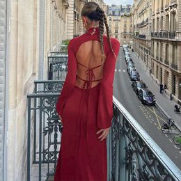 New Spring Elegant Fit High Neck Sleeved Sexy Open Back Spliced Lace Up Wrap Hip Long Dress