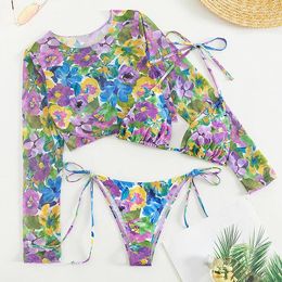 Women's Swimwear Bikini Set Sexy Flower 3 Piece Women 2024 Swimsuits With Long Sleeve Crops Tops Micro Thong Bikinis Mujer Beach Wear