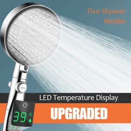 Bathroom Shower Heads 12.5cm Big Panel LED Shower Head Intelligent Temperature Display High Pressure 5 Modes Adjustable Rainfall Bathroom Shower Heads T240505