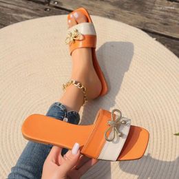 Slippers Fashion Luxury Women's Square Toe Chain Flat Slide Sandals Beach Flip Flops Metal Decoration Casual Shoes