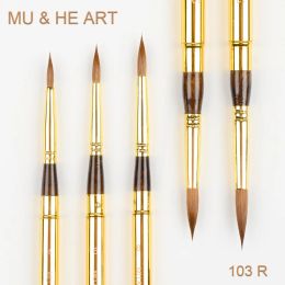 Brushes Travel Mini Pen Pure Kolinsky Hair Artist Watercolor & Acrylic & Oil Painting Brush Tool Gold Cap Round Sable 103r Mu He Art