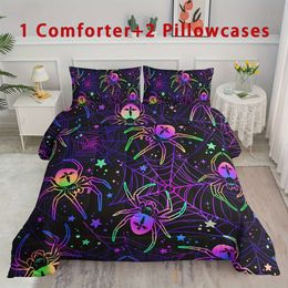 Duvet Cover 3pcs/set Comforter Set(1*comforter + 2*Pillowcase), Neon Spider Halloween, For All Seasons, Bedroom Guest Room Accessories, Fresh And Skin-friendly Bedding Set