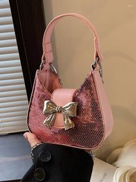 Totes Sequin Handheld Bucket Bag High Quality Mini Sweet Bow Women's 2024 Unique Design Chain One Shoulder Crossbody Party