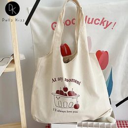 Shoulder Bags Ladies Canvas Bag Women Cute Cherry Print Handbag Casual Eco-Friendly Tote Student Book Grocery