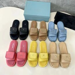 prad straw weave platform Slippers loafer luxurys shoe sandals Lovely Womens Slide lady Summer pool Mule Metal logo Designer Sliders beach sandale Casual shoes Mens