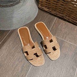 Fashion Original h Designer Slippers Handmade Woven Beach Slippers Style As Womens Summer Genuine Leather Outer Wearing Flat Sandals Slip with 1:1 Brand Logo