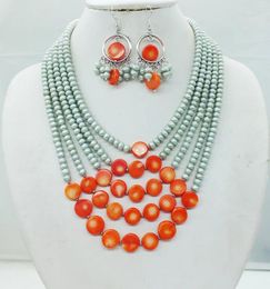 Necklace Earrings Set Very Classic. Grey Pearls. Coral. 5 Layers Necklaces / Earrings. African Bridal Wedding Jewellery