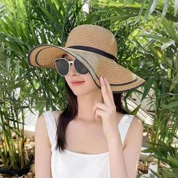 Wide Brim Hats Portable Straw Hat Casual Large Summer Cap Travel Ribbon Bow Tie Beach Women