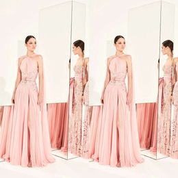 Evening Pink Jewel Murad Zuhair Neck Dresses A Line High Side Split Prom Dress Beaded Appliques Tail Party Gowns Vestidos De Novia ppliques